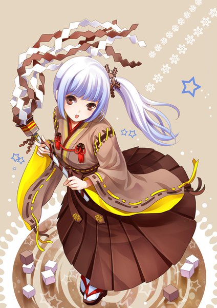 Anime picture 566x800 with original yukijirushi yukiko-tan konfuzikokon single long hair tall image fringe open mouth standing holding brown eyes payot silver hair full body blunt bangs traditional clothes :d japanese clothes wind