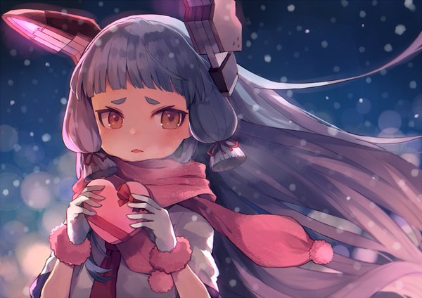 Anime picture 1000x707 with kantai collection murakumo destroyer shugao single long hair blush brown eyes looking away blunt bangs parted lips wind grey hair snowing winter eyebrows exhalation valentine tress ribbon girl gloves