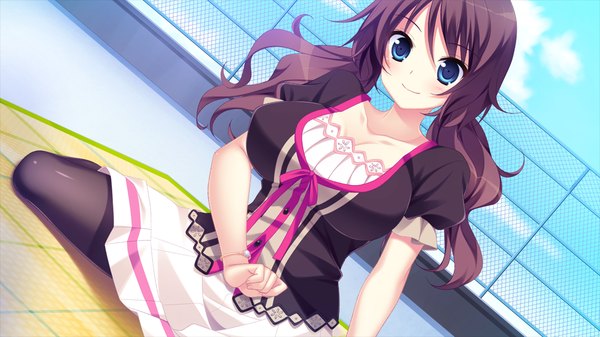 Anime picture 1084x610 with ore to 5-nin no yome-san ga raburabu nano wa mirai kara kita aka-chan no okage ni chigainai! narusawa sora long hair blush breasts blue eyes smile brown hair wide image large breasts game cg purple hair girl dress