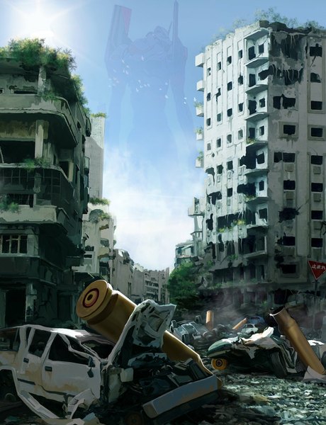 Anime picture 900x1174 with neon genesis evangelion gainax eva 01 pino44io tall image sky sunlight city cityscape no people ruins destruction plant (plants) animal tree (trees) bird (birds) fur building (buildings) sun shell casing