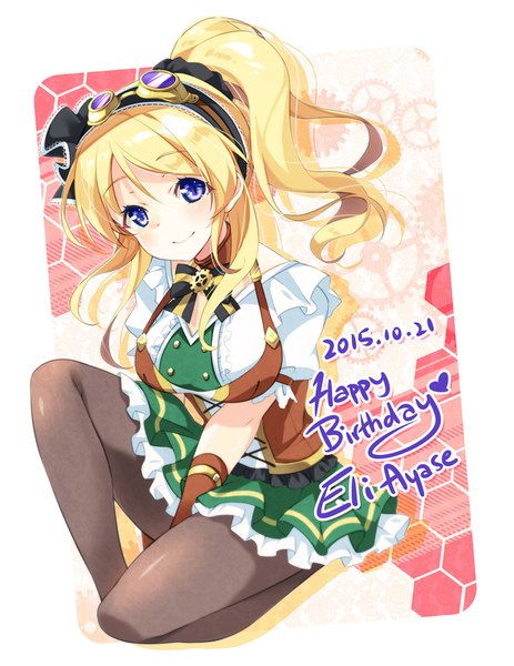Anime picture 772x1000 with love live! school idol project sunrise (studio) love live! ayase eli mocha (naturefour) single long hair tall image looking at viewer blue eyes blonde hair smile payot ponytail character names dated happy birthday goggles on head steam punk girl