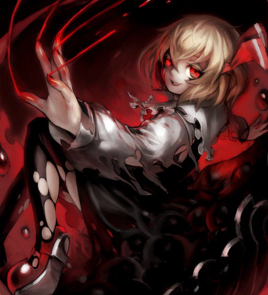 Anime picture 1500x1650 with touhou rumia spark621 single tall image short hair open mouth blonde hair smile red eyes torn clothes outstretched arm girl thighhighs bow hair bow blood bubble (bubbles) torn thighhighs