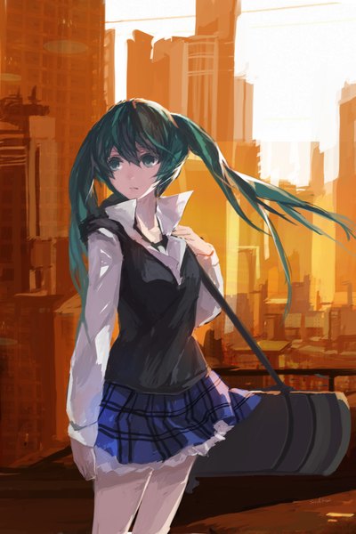 Anime picture 1511x2267 with vocaloid hatsune miku swd3e2 single long hair tall image twintails green eyes looking away green hair city plaid skirt girl skirt miniskirt shirt building (buildings) bag vest