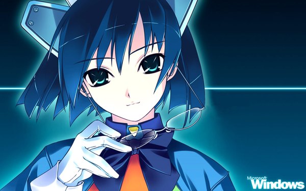 Anime picture 1440x900 with os-tan windows (operating system) 2k-tan murakami suigun single looking at viewer short hair blue eyes wide image blue hair wallpaper girl gloves glasses