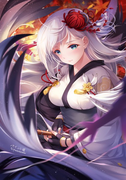 Anime picture 840x1200 with azur lane shoukaku (azur lane) paint musume single tall image blush breasts holding signed silver hair very long hair traditional clothes japanese clothes hair flower aqua eyes blurry mole wide sleeves depth of field mole under eye