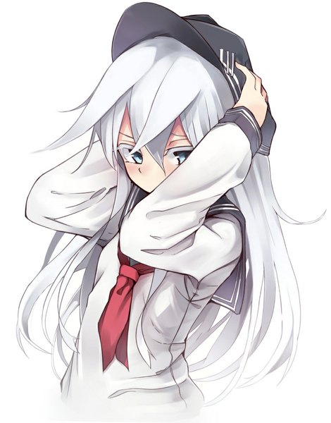 Anime picture 800x1021 with kantai collection hibiki destroyer otokuyou single long hair tall image blush blue eyes simple background white background white hair hands on head girl sailor suit flat cap