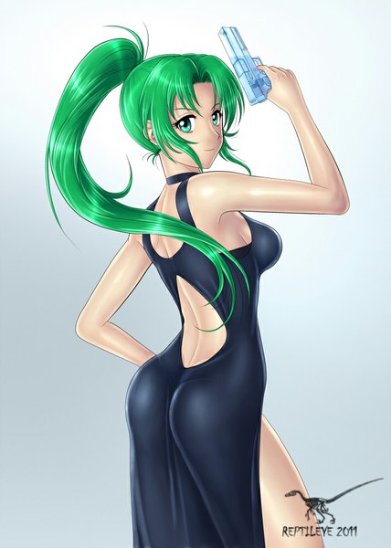Anime picture 714x1000 with original reptileye (artist) single long hair tall image green eyes ponytail green hair girl dress weapon gun pistol