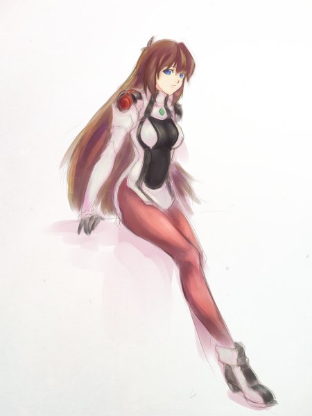 Anime picture 900x1200 with xenogears elhaym van houten ryou.t (sheol) single long hair tall image looking at viewer fringe blue eyes simple background brown hair white background full body arm support legs girl uniform pantyhose shoes ankle boots