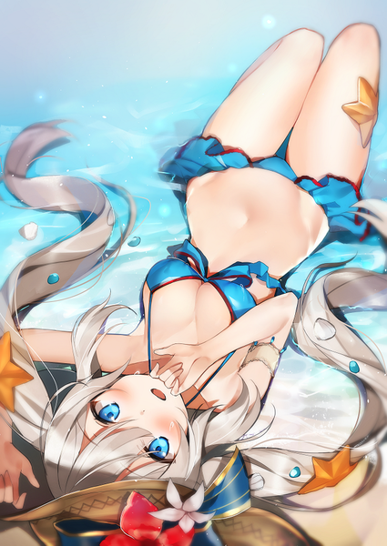 Anime picture 645x911 with fate (series) fate/grand order marie antoinette (fate/grand order) marie antoinette (swimsuit caster) (fate) sabet (young ouo) single long hair tall image looking at viewer blush fringe breasts open mouth blue eyes light erotic hair between eyes large breasts twintails payot cleavage