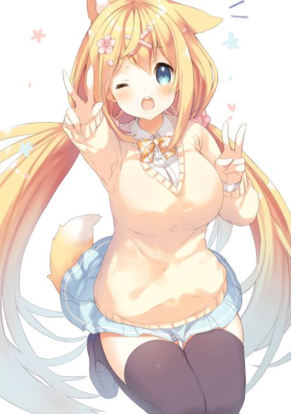 Anime picture 1275x1812 with virtual youtuber mofumofu channel amamiya mei p19 single long hair tall image blush open mouth blue eyes simple background blonde hair white background twintails animal ears tail animal tail one eye closed wink fox ears