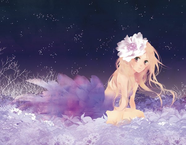 Anime picture 1000x781 with original nagi kanami single long hair looking at viewer blonde hair sitting brown eyes hair flower wind night girl dress hair ornament plant (plants)