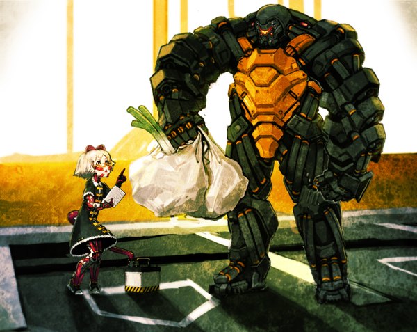 Anime picture 2825x2248 with original asgr highres short hair blonde hair yellow eyes mechanical girl dress glasses wire (wires) mecha android leek