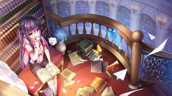 Anime picture 1920x1080 with original yue chi single long hair blush fringe highres open mouth red eyes wide image sitting animal ears looking away pink hair purple hair cloud (clouds) indoors pink eyes multicolored hair from above