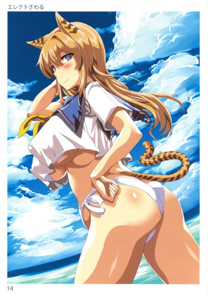Anime picture 2094x3000 with original erect sawaru single long hair tall image looking at viewer blush highres breasts blue eyes light erotic blonde hair smile large breasts sky cloud (clouds) ass looking back bare belly erect nipples