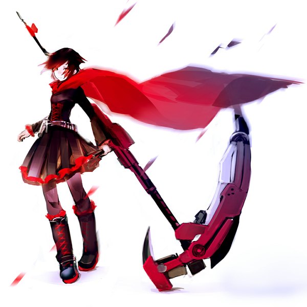 Anime picture 1000x1000 with rwby rooster teeth ruby rose so-bin single looking at viewer short hair black hair simple background standing white background red hair multicolored hair wind two-tone hair girl dress weapon boots belt