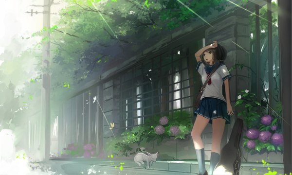 Anime picture 1840x1105 with original kikivi single long hair highres black hair wide image looking away black eyes sunlight summer girl skirt uniform flower (flowers) plant (plants) miniskirt animal tree (trees) socks