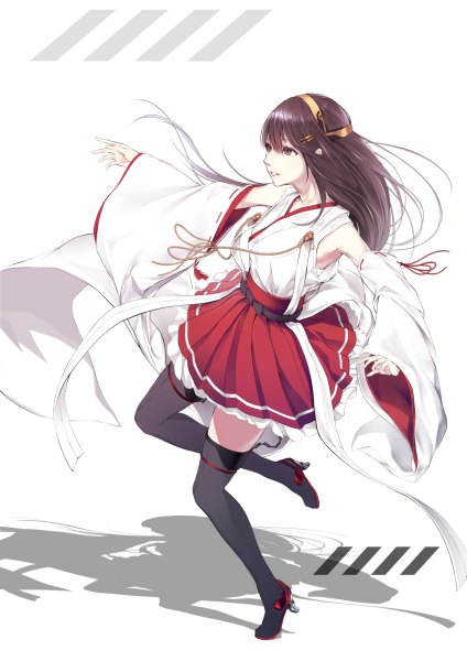 Anime picture 848x1200 with kantai collection haruna battleship oki (koi0koi) single long hair tall image black hair brown eyes traditional clothes parted lips japanese clothes shadow miko nontraditional miko girl thighhighs hair ornament black thighhighs detached sleeves