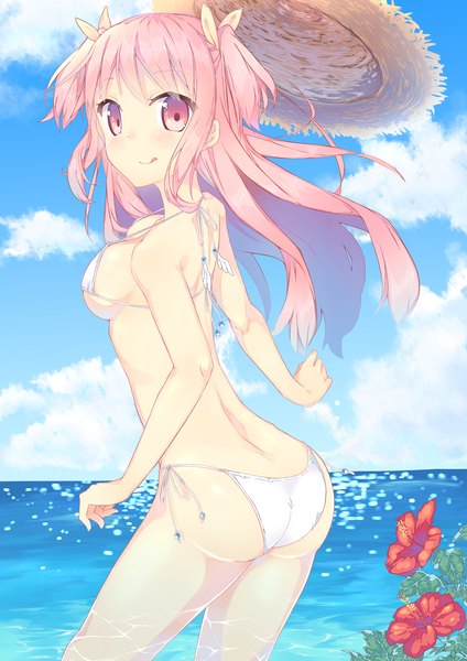 Anime picture 1158x1637 with original tunamayochan single long hair tall image looking at viewer breasts light erotic smile pink hair sky cloud (clouds) ass pink eyes two side up girl flower (flowers) swimsuit hat bikini