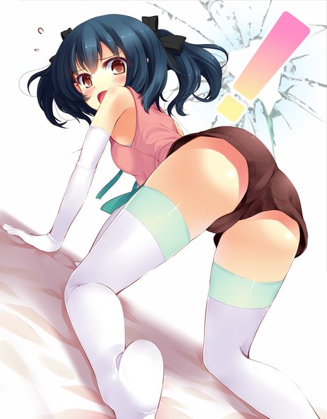 Anime picture 1174x1500 with original ayame (komone ushio) komone ushio tall image blush short hair open mouth light erotic black hair red eyes looking back on all fours girl thighhighs gloves white thighhighs elbow gloves shorts