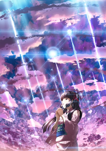 Anime picture 1753x2480 with original skyt2 single long hair tall image highres open mouth black hair red eyes twintails sky cloud (clouds) japanese clothes tears scenic hands clasped girl hair ornament ribbon (ribbons) hair ribbon