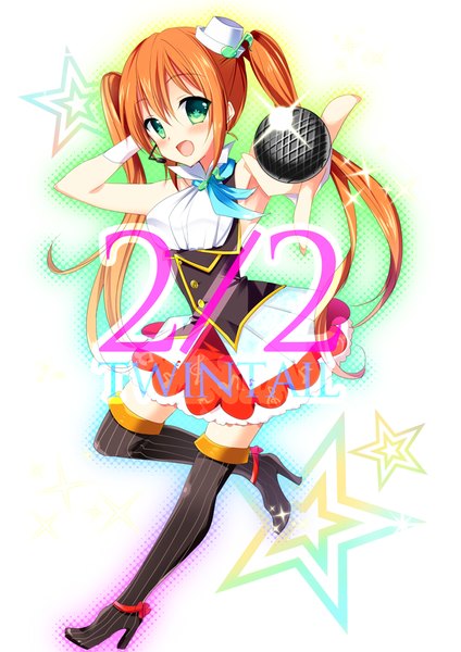 Anime picture 620x877 with original aoi yun single long hair tall image blush open mouth smile twintails green eyes orange hair high heels girl thighhighs dress headdress star (symbol) microphone