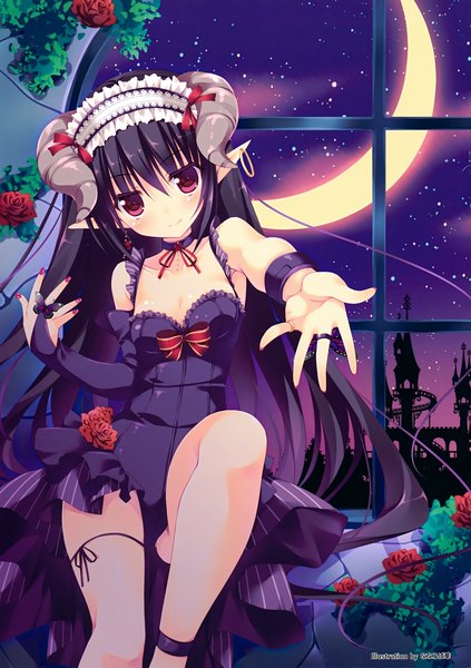 Anime picture 2469x3500 with original nanaroba hana single long hair tall image looking at viewer blush highres black hair red eyes bare shoulders horn (horns) pointy ears scan crescent girl dress flower (flowers) frills moon