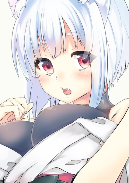 Anime picture 896x1267 with original shimako single tall image blush fringe short hair breasts open mouth red eyes large breasts bare shoulders animal ears white hair cat ears teeth cat girl close-up girl