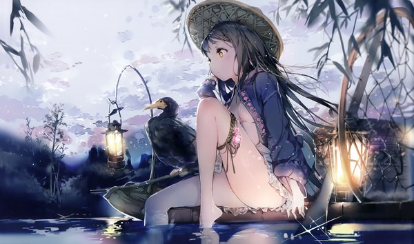 Anime picture 3484x2061 with original anmi single long hair blush highres breasts light erotic brown hair wide image sitting looking away absurdres sky scan inscription open clothes bare legs open shirt depth of field