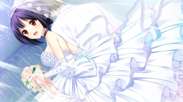 Anime picture 1280x720 with lovesick puppies karakouji orie sankuro blush short hair open mouth wide image bare shoulders brown eyes blue hair game cg alternate hairstyle hair up wedding dress gloves flower (flowers) elbow gloves white dress bouquet