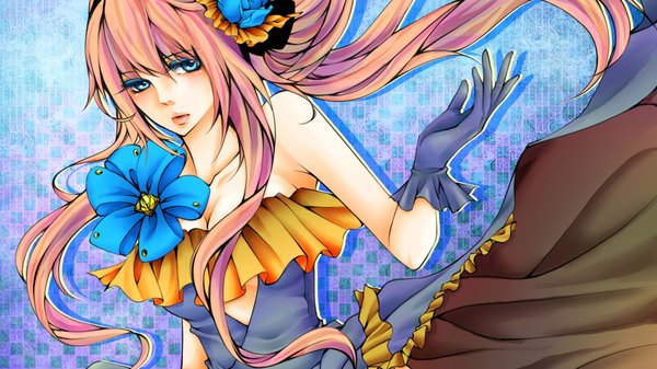 Anime picture 1920x1080 with vocaloid megurine luka nai (artist) single long hair blush highres open mouth blue eyes wide image bare shoulders pink hair hair flower girl dress gloves hair ornament flower (flowers)
