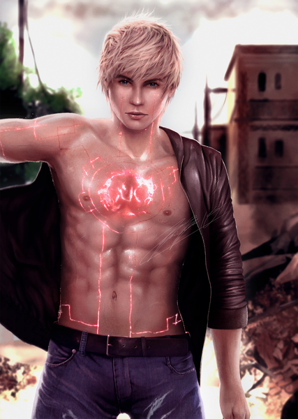 Anime picture 1600x2250 with original klnothincomin (artist) single tall image short hair blue eyes blonde hair signed nipples lips realistic open clothes open jacket glowing muscle boy navel belt building (buildings) wire (wires)