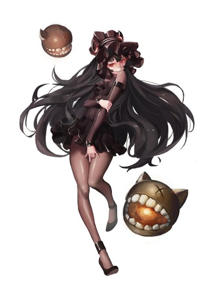 Anime picture 877x1240 with kantai collection isolated island hime hitoshi (slambird) single long hair tall image looking at viewer fringe black hair simple background smile red eyes standing white background bare shoulders full body head tilt horn (horns) teeth thighs