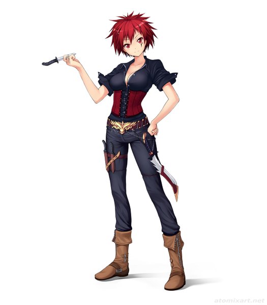 Anime picture 1120x1280 with original atomix single tall image short hair simple background smile red eyes white background red hair hand on hip girl weapon belt thigh boots knife