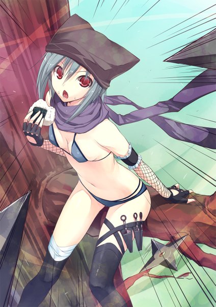 Anime picture 1061x1500 with original punta taro single tall image looking at viewer short hair light erotic red eyes grey hair bare belly surprised girl gloves navel weapon swimsuit hat bikini food scarf