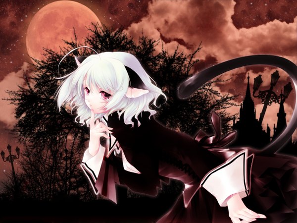 Anime picture 1280x960 with original mogami rio fringe short hair red eyes animal ears sky ahoge outdoors white hair wind cat girl leaning leaning forward finger to mouth gothic albino girl dress black dress