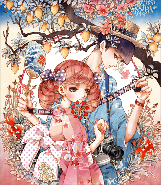 Anime picture 892x1023 with original hamondo tall image blush fringe short hair brown hair standing twintails holding blue hair looking away upper body blunt bangs nail polish traditional clothes japanese clothes profile grey eyes couple