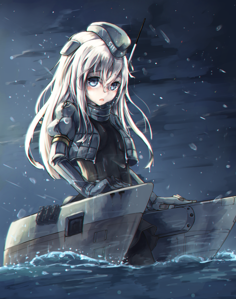 Anime picture 949x1200 with kantai collection u-511 submarine kajaneko single long hair tall image blush fringe blue eyes cloud (clouds) white hair parted lips night night sky light rain girl gloves black gloves water