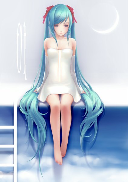 Anime picture 1200x1700 with vocaloid hatsune miku yori (shitsuon) single tall image blue eyes sitting twintails bare shoulders looking away very long hair barefoot aqua hair crescent girl dress ribbon (ribbons) hair ribbon detached sleeves white dress
