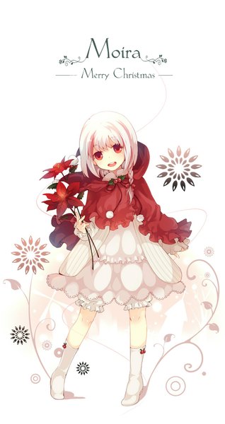 Anime picture 1114x2100 with dhiea tall image open mouth simple background red eyes white background white hair braid (braids) no shoes girl flower (flowers) socks white socks knickers