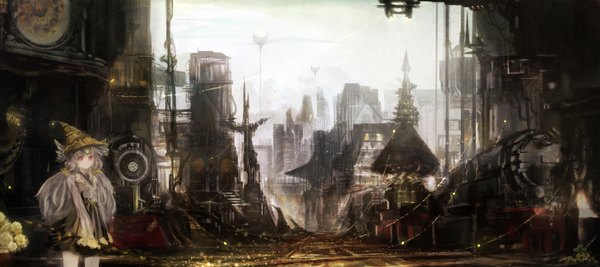 Anime picture 6687x2976 with original cold patch yyyl single long hair looking at viewer highres red eyes wide image twintails holding absurdres sky outdoors white hair long sleeves :o city cityscape halloween fantasy
