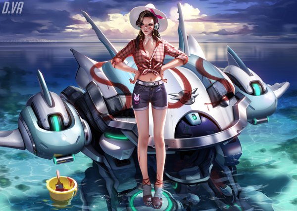 Anime picture 10000x7148 with overwatch blizzard entertainment d.va (overwatch) meka (overwatch) cruiser d.va liang xing single long hair highres brown hair standing signed looking away absurdres sky cloud (clouds) full body lips black eyes realistic