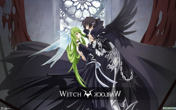 Anime picture 1229x768 with code geass sunrise (studio) c.c. lelouch lamperouge solwyvern zuowen long hair black hair wide image yellow eyes green hair wallpaper couple watermark vector black wings third-party edit gothic jpeg artifacts cropped