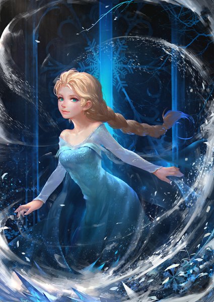 Anime picture 800x1128 with frozen (disney) disney elsa (frozen) fom (lifotai) single long hair tall image looking at viewer blush blonde hair braid (braids) aqua eyes light smile single braid girl dress snowflake (snowflakes)