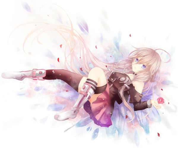 Anime picture 1214x1011 with vocaloid ia (vocaloid) nozomi fuuten single long hair open mouth blue eyes blonde hair bare shoulders girl thighhighs flower (flowers) black thighhighs petals