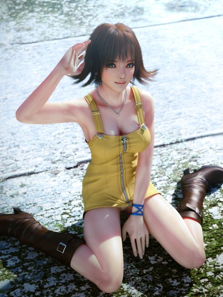 Anime picture 1200x1600 with final fantasy final fantasy viii incise soul square enix selphie tilmitt m-rs single tall image fringe short hair breasts light erotic smile brown hair sitting green eyes cleavage pantyshot spread legs legs