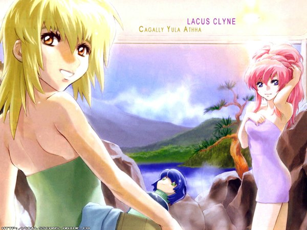 Anime picture 1024x768 with mobile suit gundam gundam seed sunrise (studio) lacus clyne athrun zala cagalli yula athha hirai hisashi long hair fringe blonde hair hair between eyes multiple girls pink hair character names naked towel girl 2 girls towel character doll