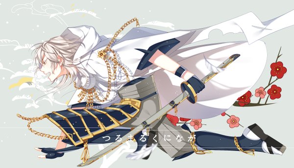 Anime picture 2755x1574 with touken ranbu nitroplus tsurumaru kuninaga hate ani hikae single long hair highres open mouth simple background wide image yellow eyes looking away silver hair full body traditional clothes japanese clothes profile grey background fighting stance boy