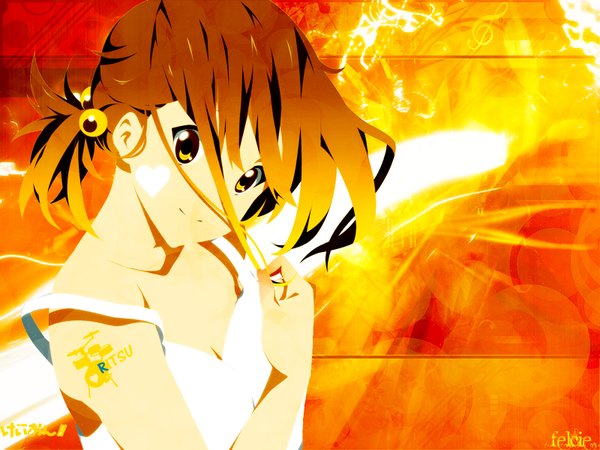 Anime picture 1600x1200 with k-on! kyoto animation tainaka ritsu single short hair smile brown hair bare shoulders yellow eyes orange background girl hair ornament heart hair tie hair bobbles