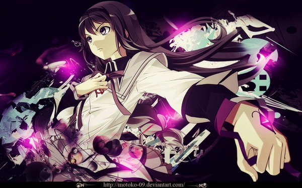 Anime picture 1280x800 with mahou shoujo madoka magica shaft (studio) akemi homura mino106 motoko-09 single long hair black hair looking away braid (braids) wallpaper floating hair outstretched arm single braid silver eyes magical girl eyewear removed girl ribbon (ribbons) glasses