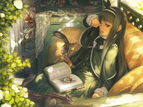 Anime picture 1024x768 with original simosi long hair lolita fashion goth-loli gothic reading sleepy flower (flowers) bow food rose (roses) book (books) chair couch fruit child (children) squirrel